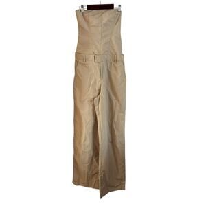 Zara Strapless Nylon Jumpsuit Beige Tan size XS Pockets NWT Wide Leg Party